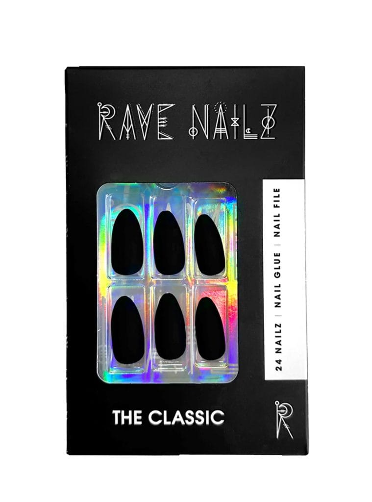 Rave Nailz The Classic press-on nail kit in black box with holographic tray holding six matte black almond-shaped nails
