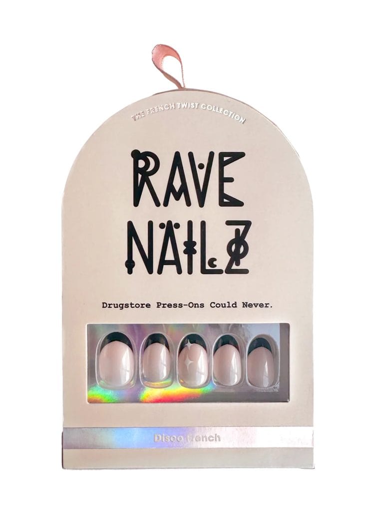 Rave Nailz Disco French press-on nail kit in cream arched box showing five oval nails with nude base and black French tips
