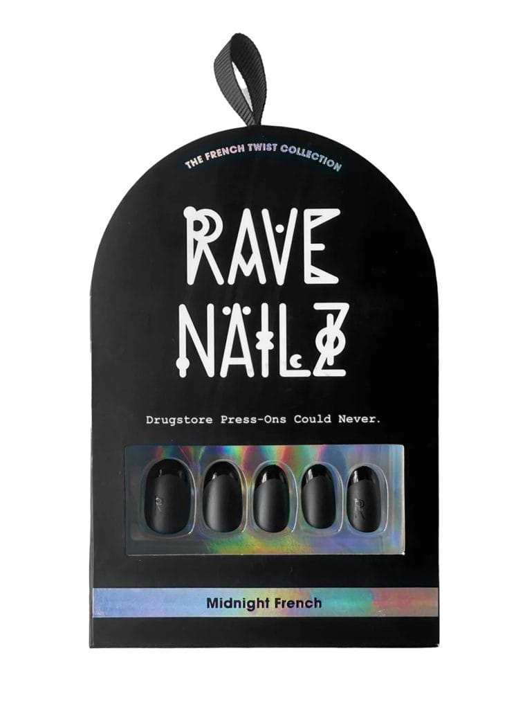Rave Nailz Midnight French press-on nail kit in black arch packaging, French Twist Collection