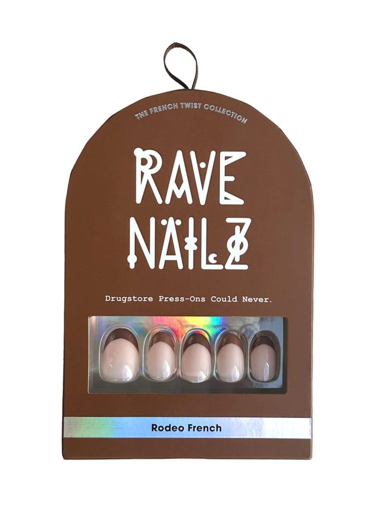 Rave Nailz Rodeo French press-on nail kit in brown arch packaging, French Twist Collection